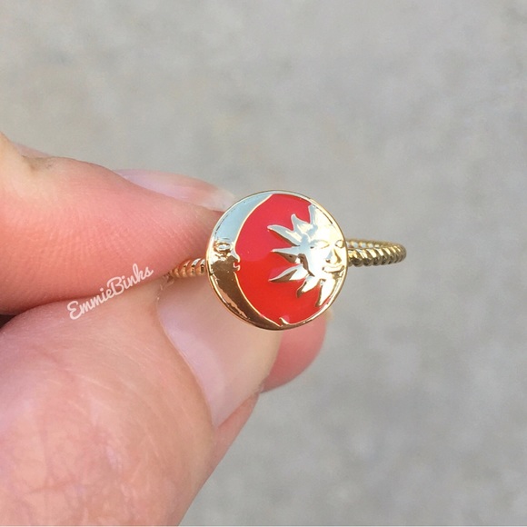 New Gold Dipped Red Enamel Sun & Moon Textured Cuff Ring / Red & Gold Boho Vibes - Picture 5 of 15